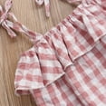 thumbnail image 5 of Baby Girls Romper, Sleeveless Plaid Pattern Sling Straps Lotus Leaf Design Button Closure Jumpsuit with Bow Hair Band, 5 of 5