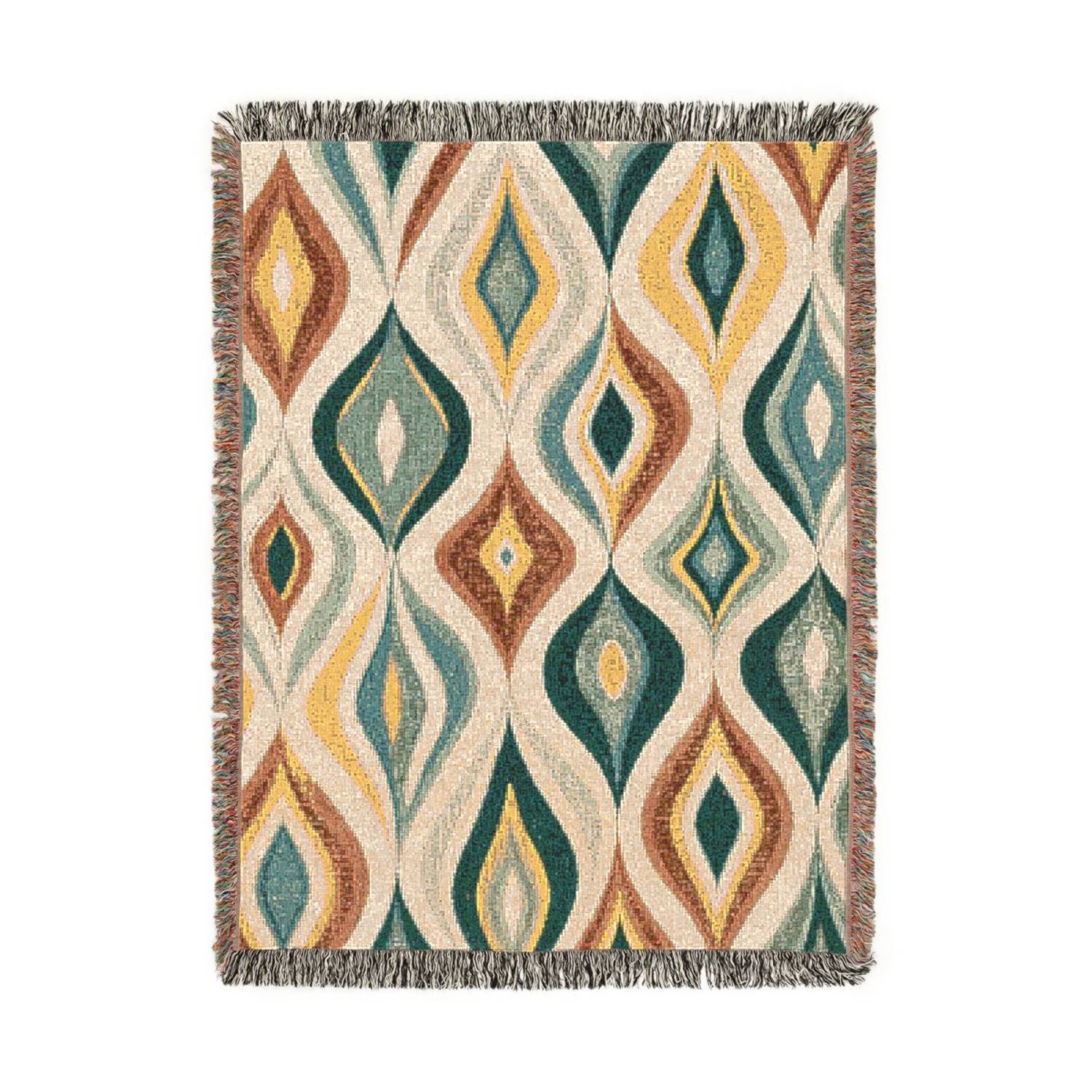Retro Geometric Teal Rust and Mustard Woven Throw Blanket 100% Cotton Mid-Century Style for Living Room