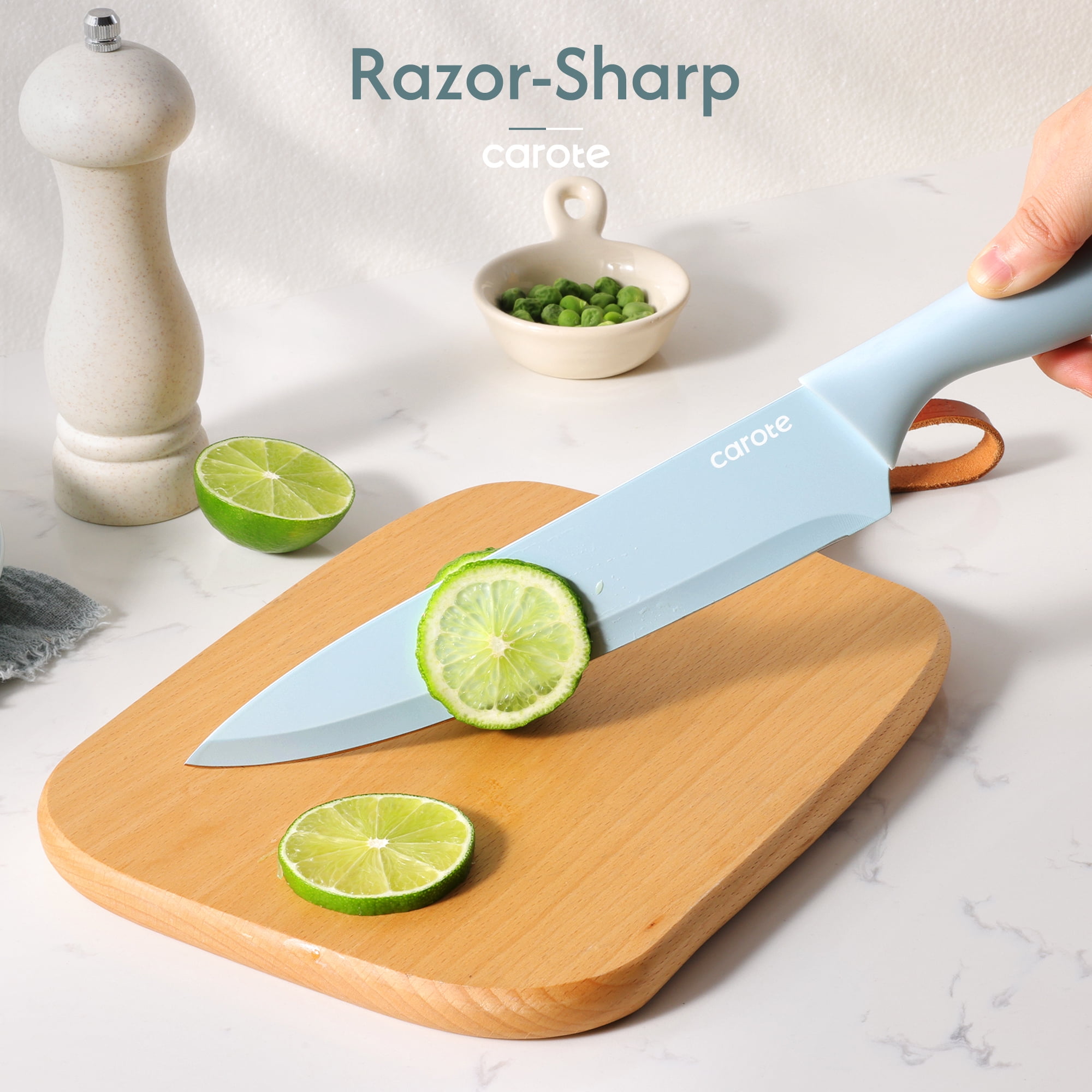 Carote 15-Piece Premium Kitchen Knife Set, Blue Ceramic-Coated Blades with Stylish Wooden Block