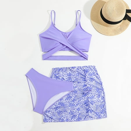 Geire Girls Swimsuit  Bathing Suits 3 Piece Tropical Twist Cross Bikini Sets Girls  Swimwear with Cover Up Skirt Purple 10 Years