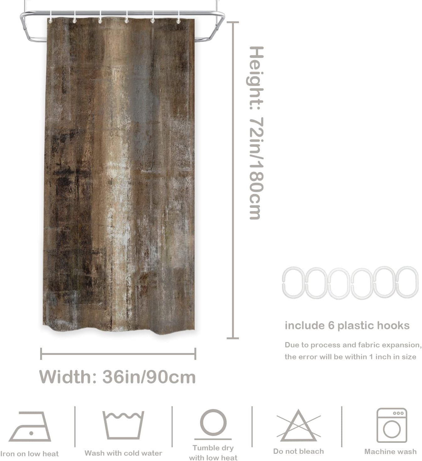 Brown Abstract Art Decor Shower Curtain, Grey Acrylic Bathroom Decor Polyester Fiber Plastic Rings Quick-Drying Waterproof for Bathtubs/Bathroom, 72x36 inches
