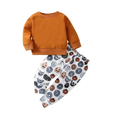 

One opening 2Pcs Halloween Baby Girls Boys Outfit Long Sleeve Round Collar Hoodie Tops + Bat Pumpkin Printing Long Pants Set for Toddlers Kids