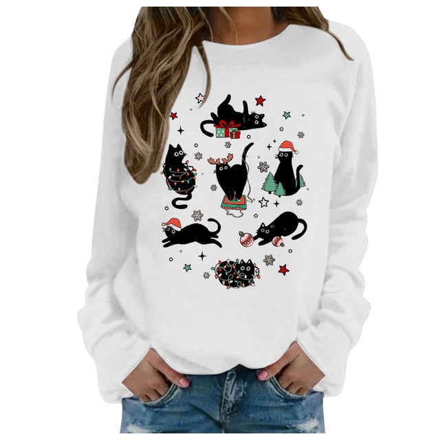 HNMKIU Chandail en Molleton à Col Rond pour Femmes Automne Hiver Imprimé de Noël