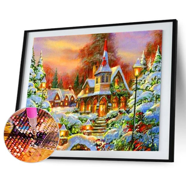 Cuadros Decorativos Taladro redondo completo Pintura de diamante Casa de nieve Mosaico Dibujo de diamantes de imitación (SZ1266) Tmvgtek embutido en tela