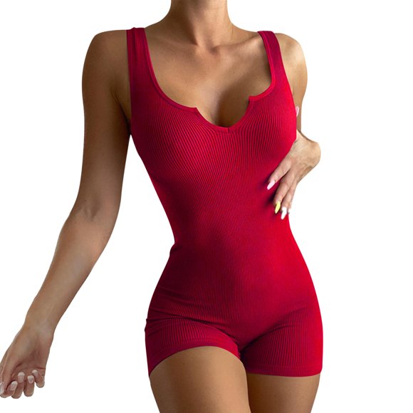 HBFAGFB Womens Jumpsuit Casual Slim Fit Sleeveless Club Party Rompers Versatile Shorts Red Size M