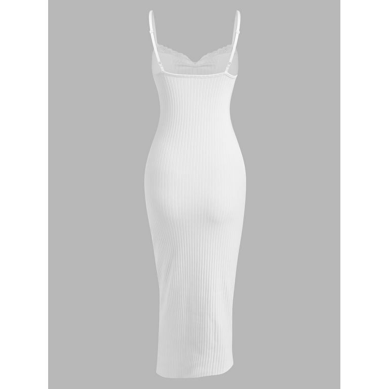 ZAFUL for Women Prom Dress or Cocktail Dress Evening Part Dress Lace Trim  Ribbed Ruched Tie Collar Midi Dress White M - Walmart.com
