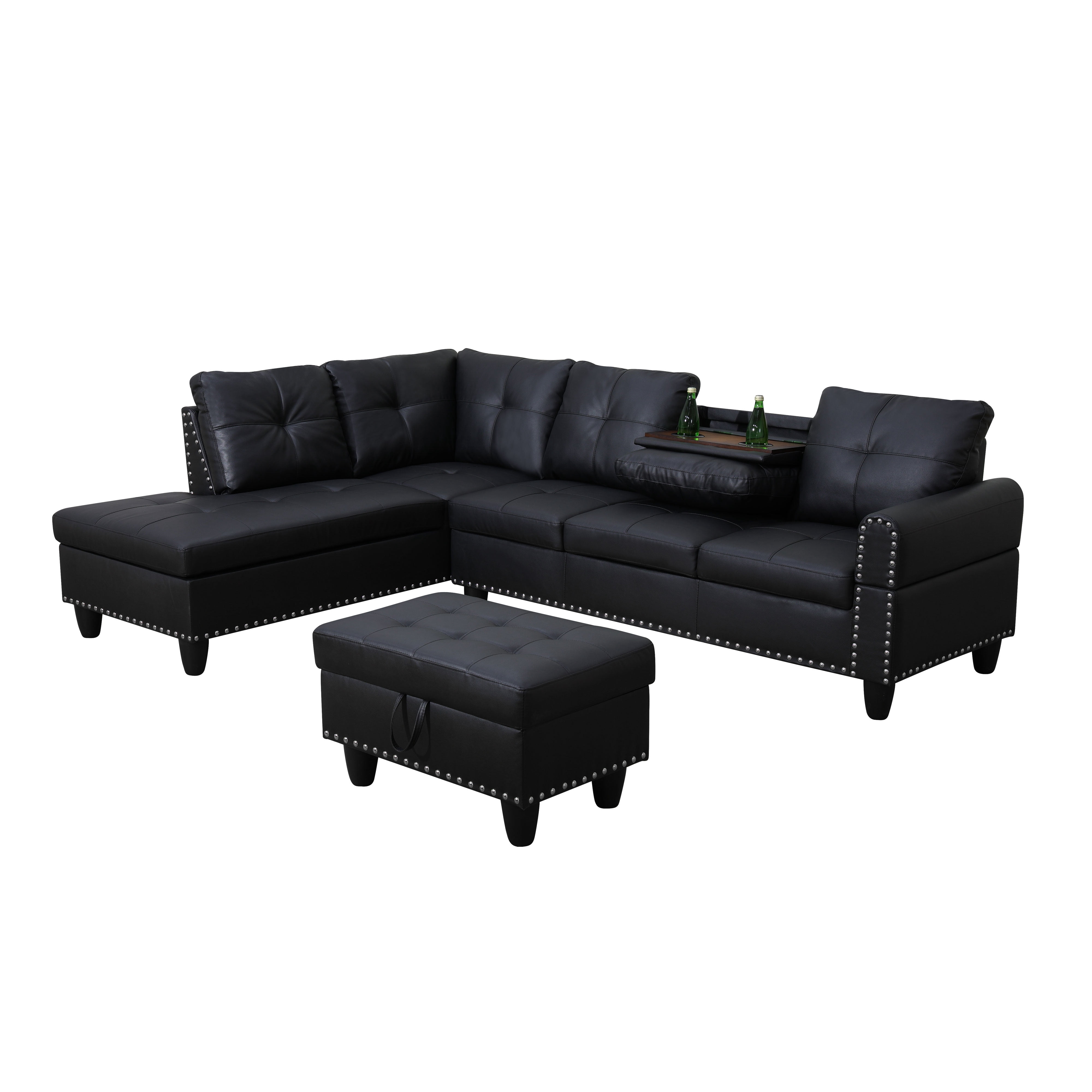 MAYEERTY 97.5" Faux Leather Sectional Sofa, 3-Piece Modular Couch Sofa Set with Ottoman, Black (Left)