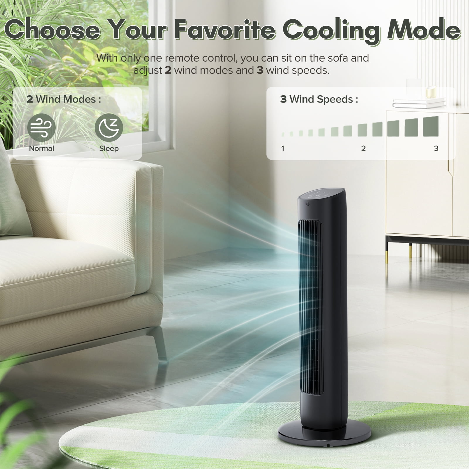 KISSAIR 31" Bladeless Tower Fan with Remote, 3 Speeds, 2 Modes, 85° Oscillation, 15H Timer, LED Display, Quiet Cooling Fan for Bedroom & Office, Black