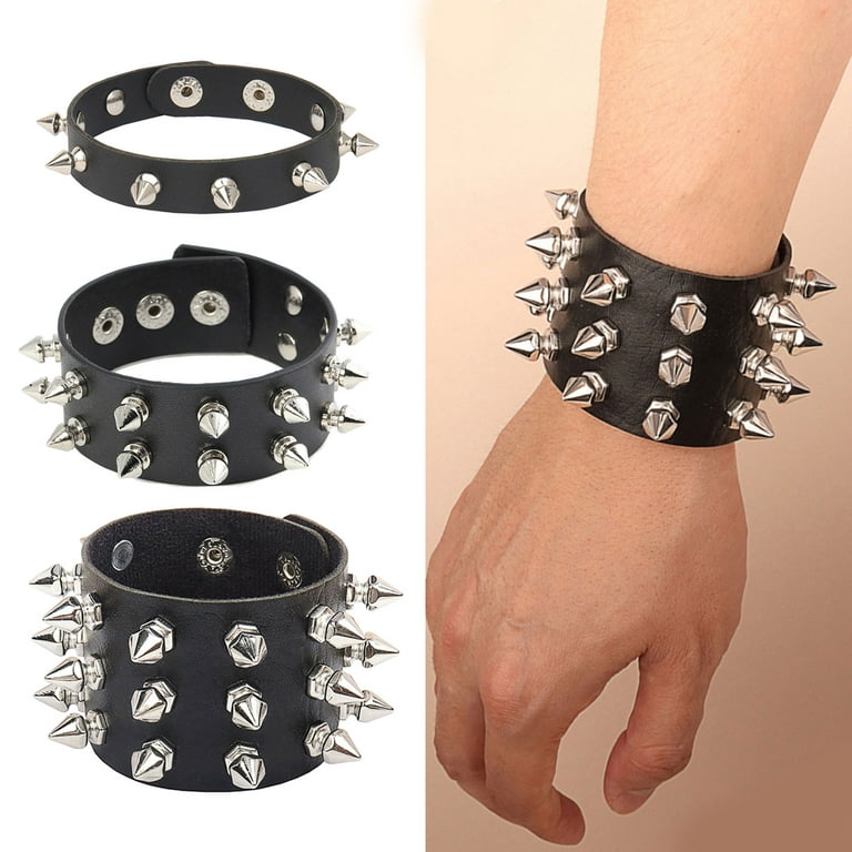 Leather Bracelet Punk Spike Rivets Cuff Metal Studded Black Wristband  Adjustable