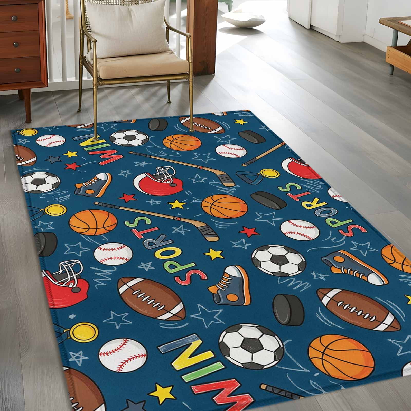 Navy Blue Sports Area Rugs 4'x6', Washable Small Throw Rugs for Office Bathroom, Football Basketball Rugby Baseball Indoor Outdoor Rug Non-Slip Low Pile Carpet Runner Reversible Floor Mats