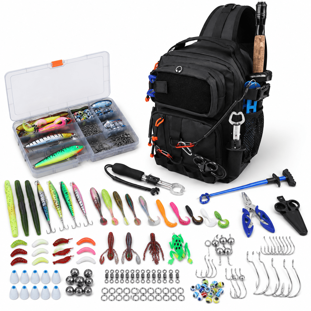 Black 14.61 x 11.77 x 3.50 in Waterproof Fishing Backpack Tackle Storage Kit with 136 Lures