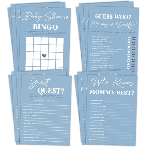 Blue Boy Baby Shower Games and Activities, Minimalistic Design, Bingo, What's in Your Phone, Guest Quest, Who Knows Mommy Best, 25 Pack