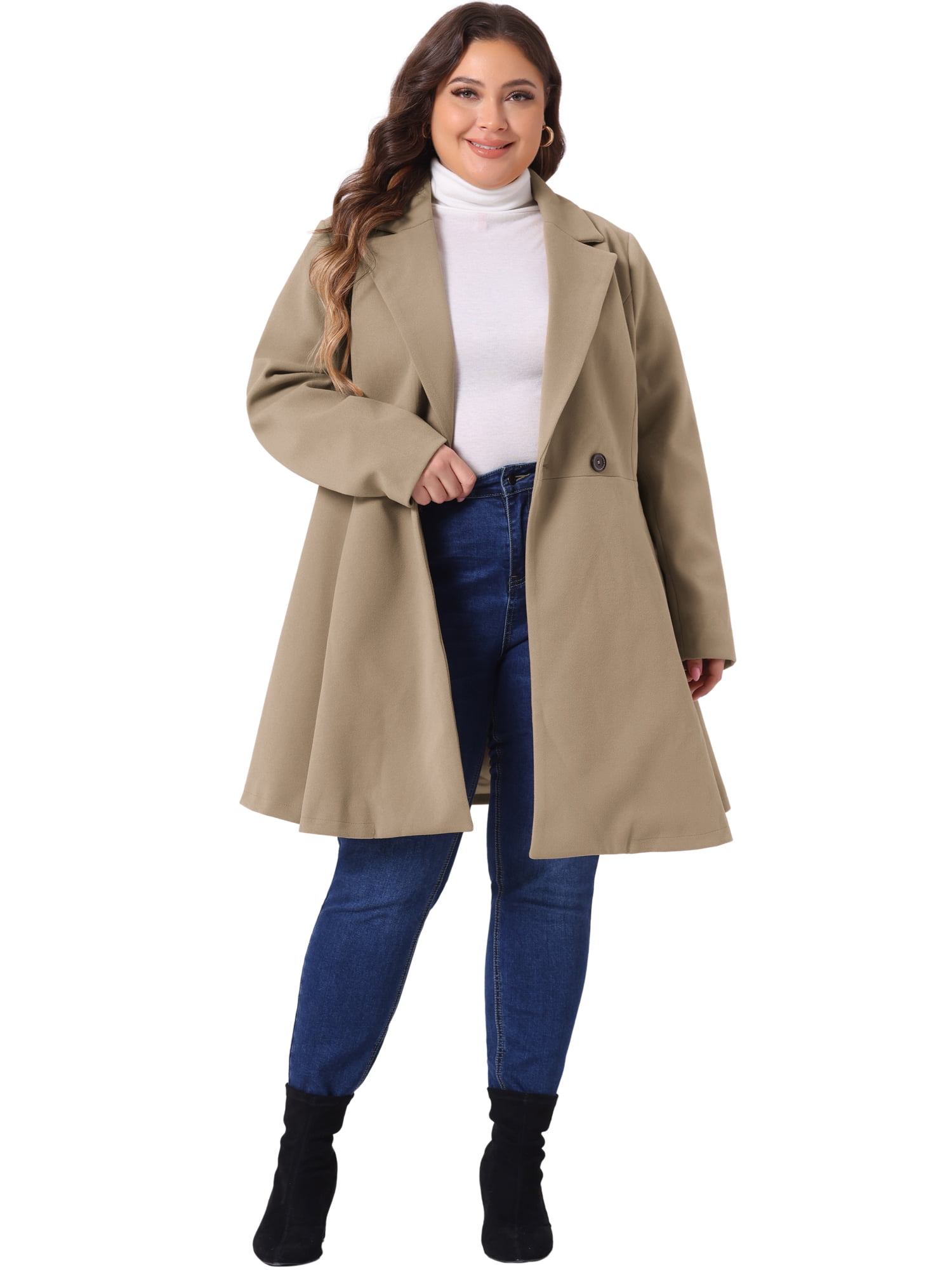DARING DIVA Women's Plus Size A Line Notched Lapel Double Breasted Coat 4X Khaki