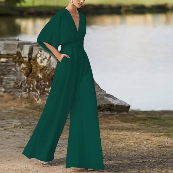 Riforla Women's Deep V Long Sleeve Casual Fashion High Waist Wide Leg Trousers Plus Size Jumpsuit Green L