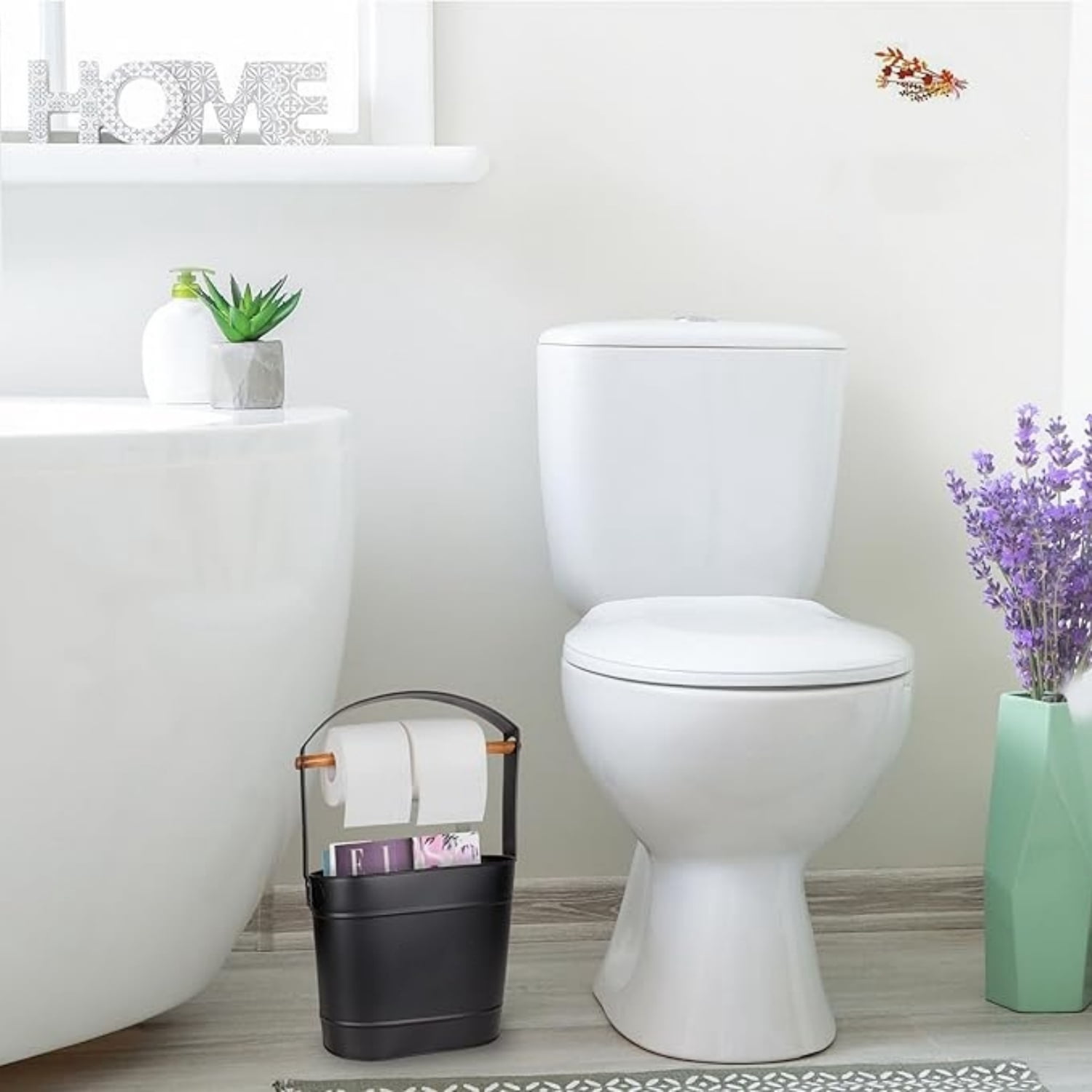Farmhouse Toilet Paper Holder Stand – Free Standing Bathroom Tissue Holder in Matte Black – Reserve Storage for Extra Rolls – Magazine Stand – Farmhouse Bathroom DecorBlack