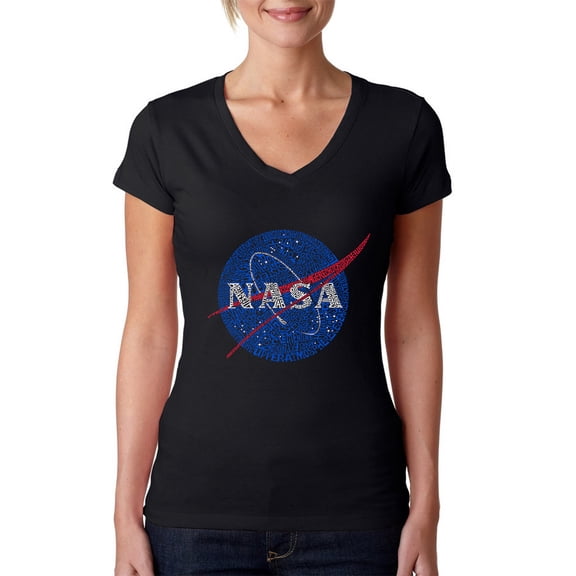 LA Pop Art Women's Word Art V-Neck T-Shirt - NASA's Most Notable Missions