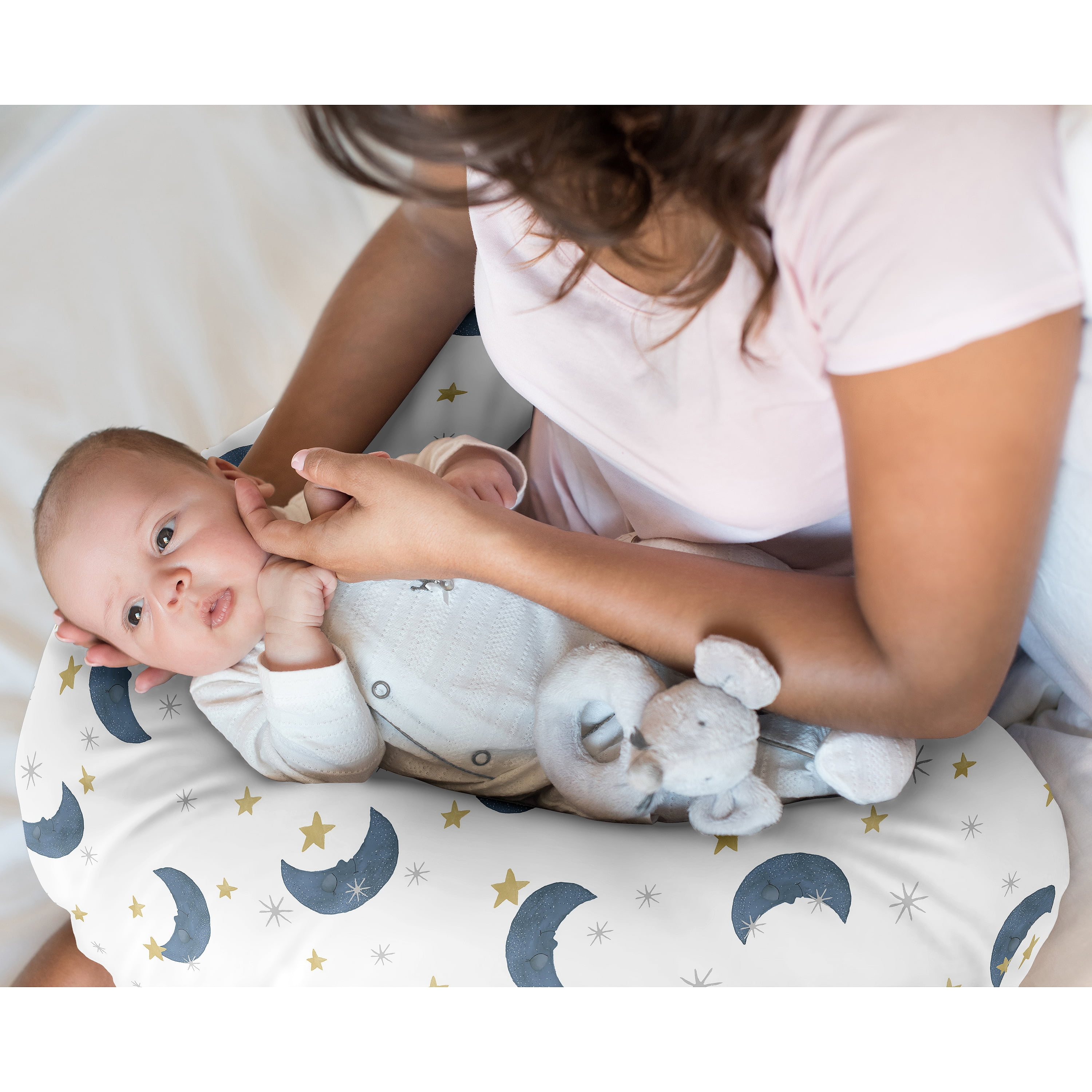 Sweet Jojo Designs Moon Bear Blue Gold and White Nursing Pillow Cover Case (Pillow Not Included) (Pillow NOT Included)