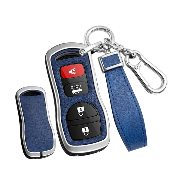 Metal Frame Key Fob Cover Fit For Nissan 350Z Altima Quest Leather Key Remote Key Holder Full Protection 3/4 Buttons Key Case Holder Protector Metal Keychain