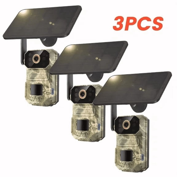 3PCS 4G LTE Cellular Trail Cameras, Solar Powered Hunting Cameras with 1440P Video Recording and Motion Detection,IP65