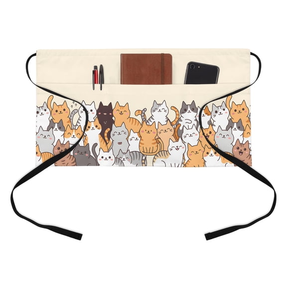 Cartoon Cat Kitchen Restaurant Half Waist Apron, Cute Kitten Server Short Apron with 3 Pockets Waterproof Oil Waist Aprons for Women Waitress Waiter