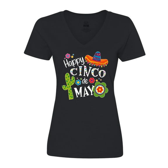 Inktastic Happy Cinco De Mayo- Sombrero, Cactus, Flowers Women's V-Neck T-Shirt