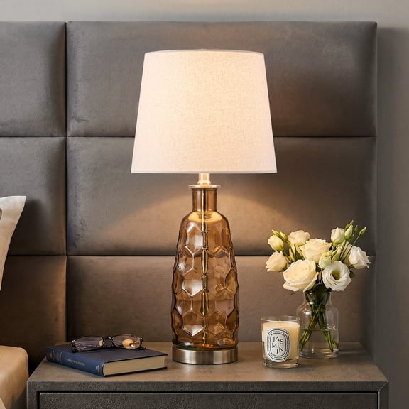 C Cattleya 23.5” Brown Glass Table Lamp with Textured Base and Linen Shade