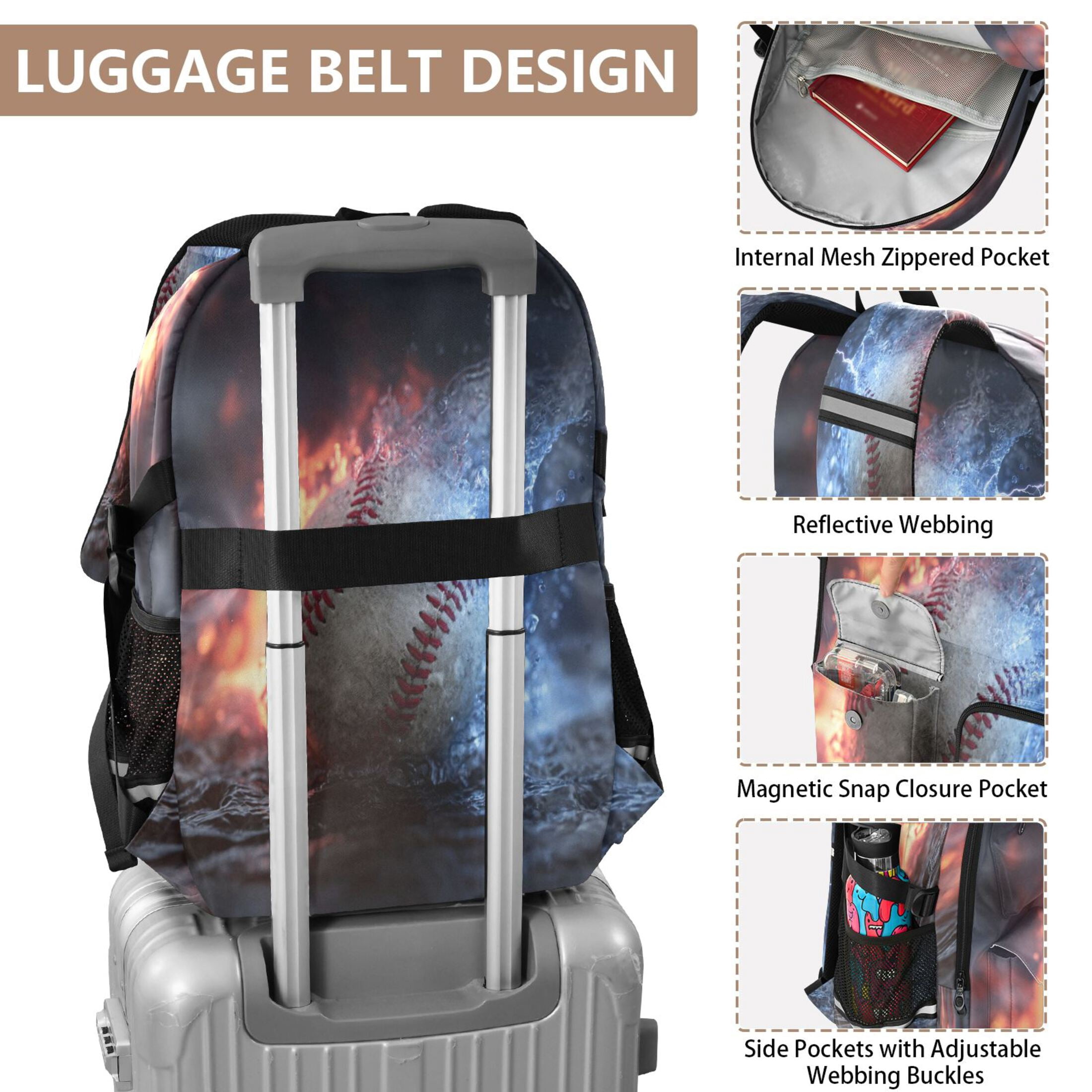 30L Backpack Durable Computer Bag for College & Travel Lightweight Daypack Fits 15.6" Laptop Baseball with Water and Fire
