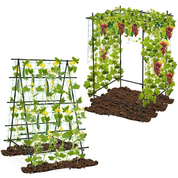 Spaco A-Frame Garden Cucumber Trellis with Netting for Climbing Plants Outdoor-Black, Garden Stakes Tomato Trellis for Pots