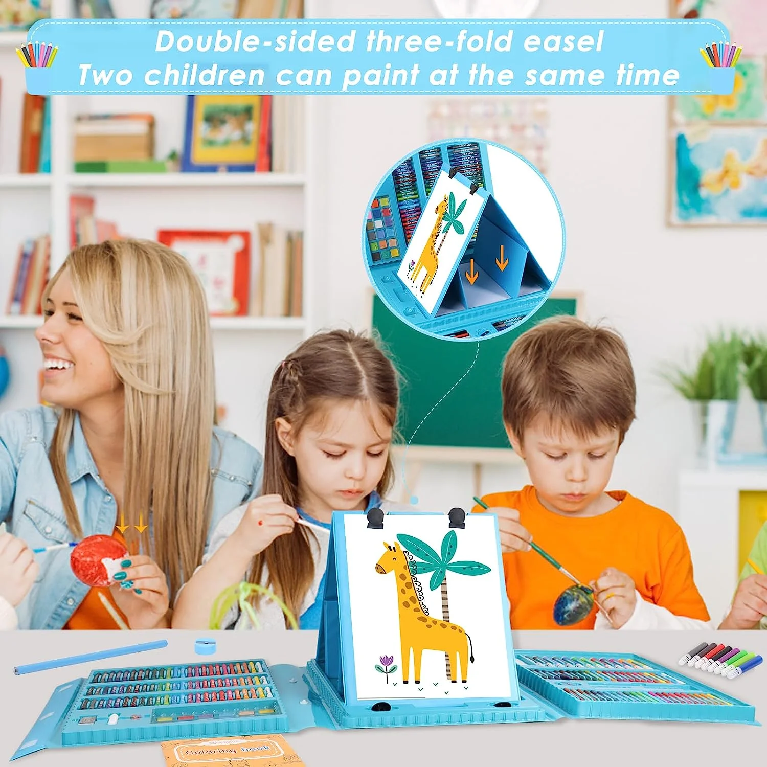 208 Pieces Art Supplies, Drawing Sets for Kids 8-12, Deluxe Artist Drawing & Painting Set with Double Sided Trifold Easel, Oil Pastels, Crayons, Colored Pencils, Christmas Gift for Kids Teens,Blue