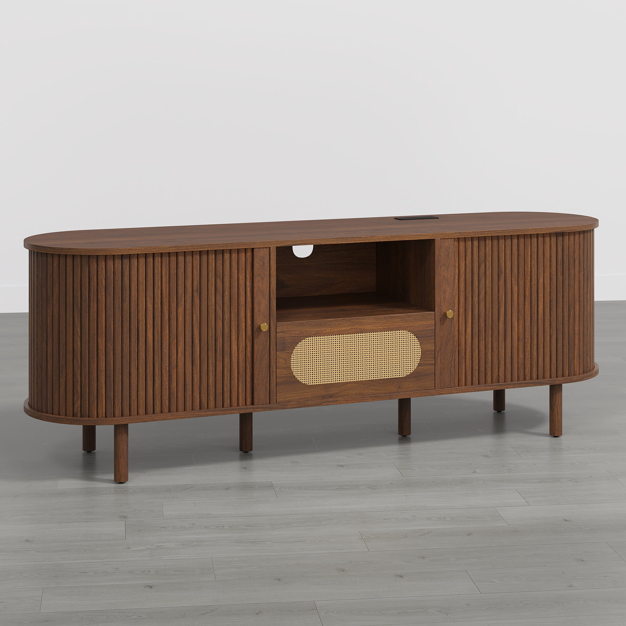 Spruce & Spring Tambour TV Stand with Power Outlet, Mid-Century Modern Entertainment Center, Rattan Drawer & Fluted Sliding Doors, Solid Wood Legs & Cable Management, Walnut, for TVs up to 70 Inch