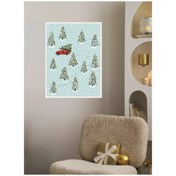 Kate and Laurel Framed Canvas Wall Art Print 'Christmas Tree Hunt' by Bex Morley Design, 18 x 24 Sylvie White Frame, Whimsical, Holiday Art for Wall Decor