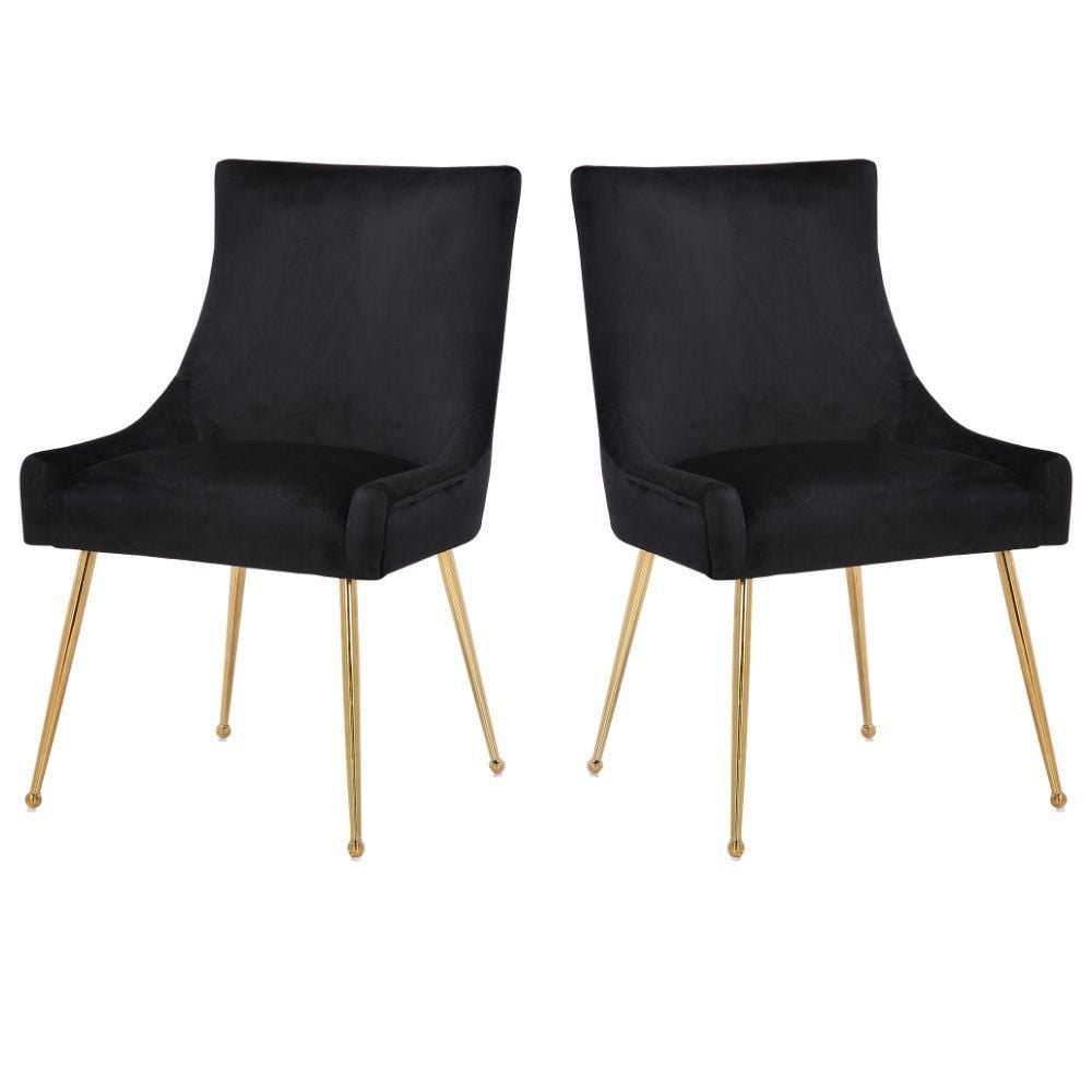 Take Me Home Haya Velvet Dining Chair in Black with Metal Gold Legs, Side Dining Chair, Armless Chair Set 2 for Dining Area