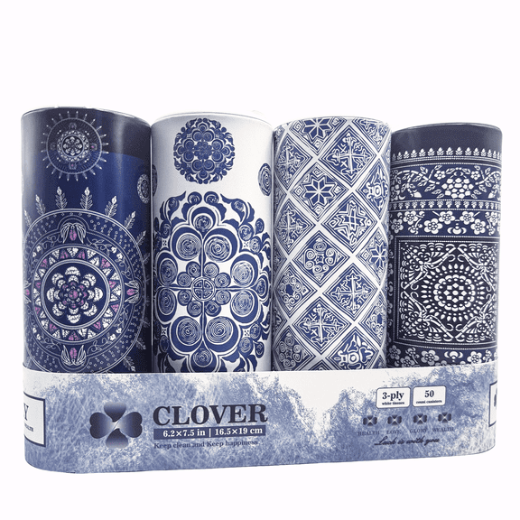 Clover Cylinder Facial Tissues for Car OR Small Space,4 Tubes 3-Ply Blue and White Car Tissus for Travel