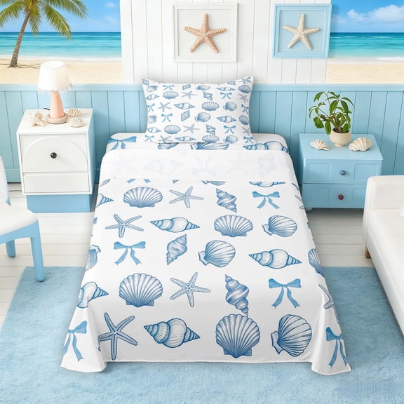 Manfei Watercolor Blue White Seashell Starfish Bow Twin Sheet Sets for Kids Boys and Girls, Marine Animal Bedding 3-Piece, 1 Flat Sheet, 1 Fitted Sheet and 1 Pillowcase
