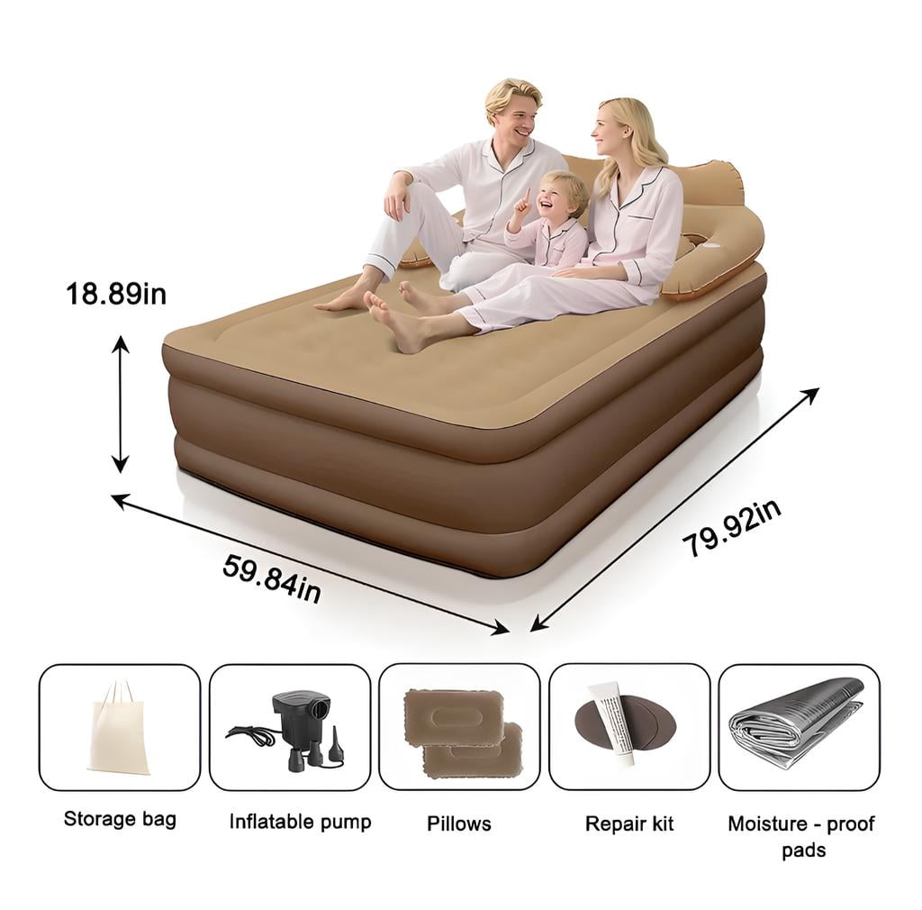 LIXI 18.9in Queen Air Mattress with Headboard &Pump ,  Inflatable Mattress Airbed for Home & Camping & Travel (Brown)