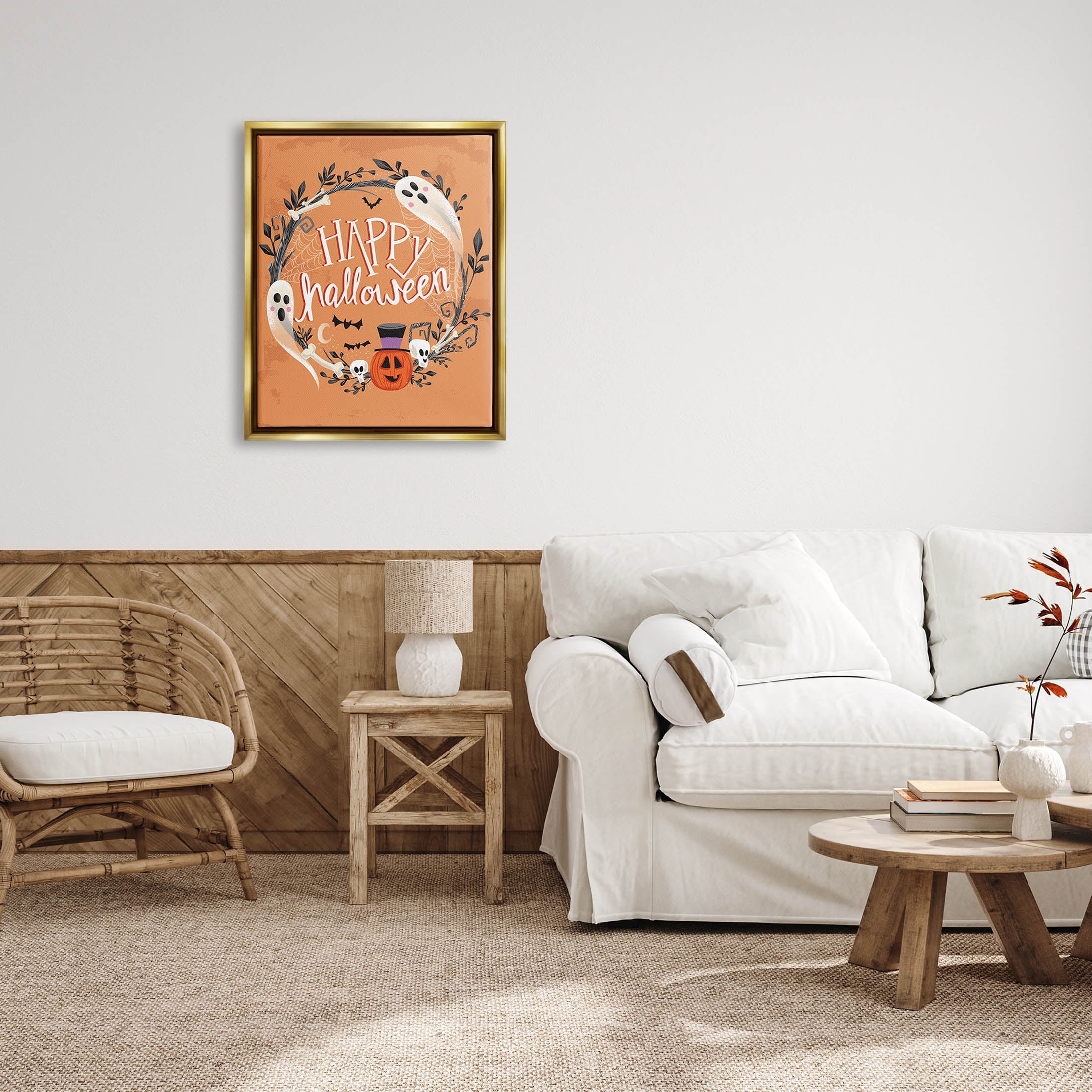 Stupell Industries Happy Haunts Halloween Wreath Graphic Art Metallic Gold Floating Framed Canvas Print Wall Art, Design by Arrolynn Weiderhold