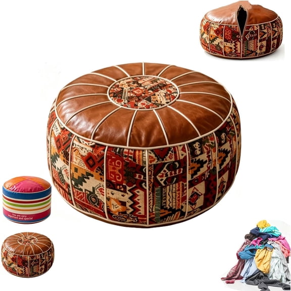 Multifunctional Storage Ottoman Pouf- 2-in-1 Bohemian,Round Unstuffed Ottoman with Storage Circle,Faux Leather Poofs/Ottomans Foot Rest with Massive Hidden Storage Space,Leather Footstool Ottoman