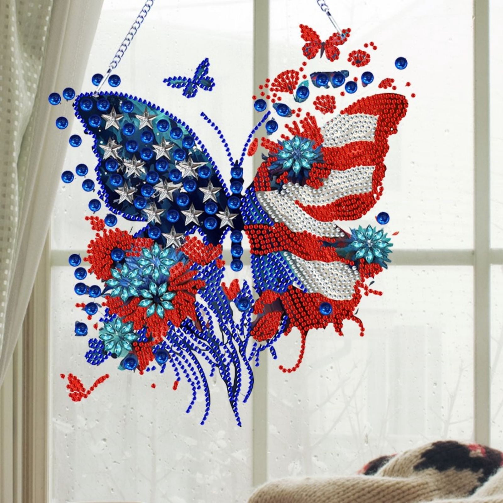 FLOPESN DIY Diamond Pendant Diamond Art Painting Independence Day USA Butterfly Creative Design PVC Home Decoration Pendant (Single Side Diamond)
