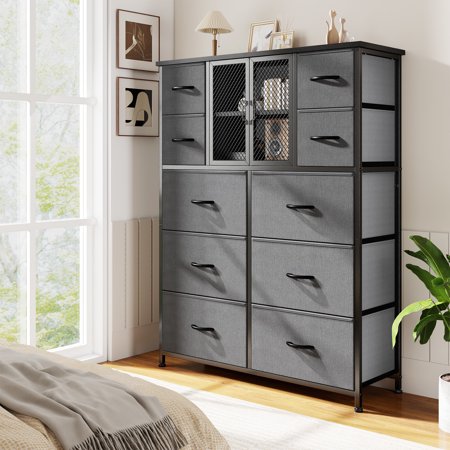Tall Dresser for Bedroom with 10 Fabric Drawers Bedroom Dresser with Mesh Door Dresser for Closet Metal Frame Wood Top Gray