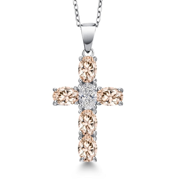 Gem Stone King 925 Sterling Silver Peach Morganite and Lab Grown Diamond Cross Pendant Necklace for Women | 2.90 Cttw | Gemstone October Birthstone | Oval 6X4MM | With 18 inch Chain
