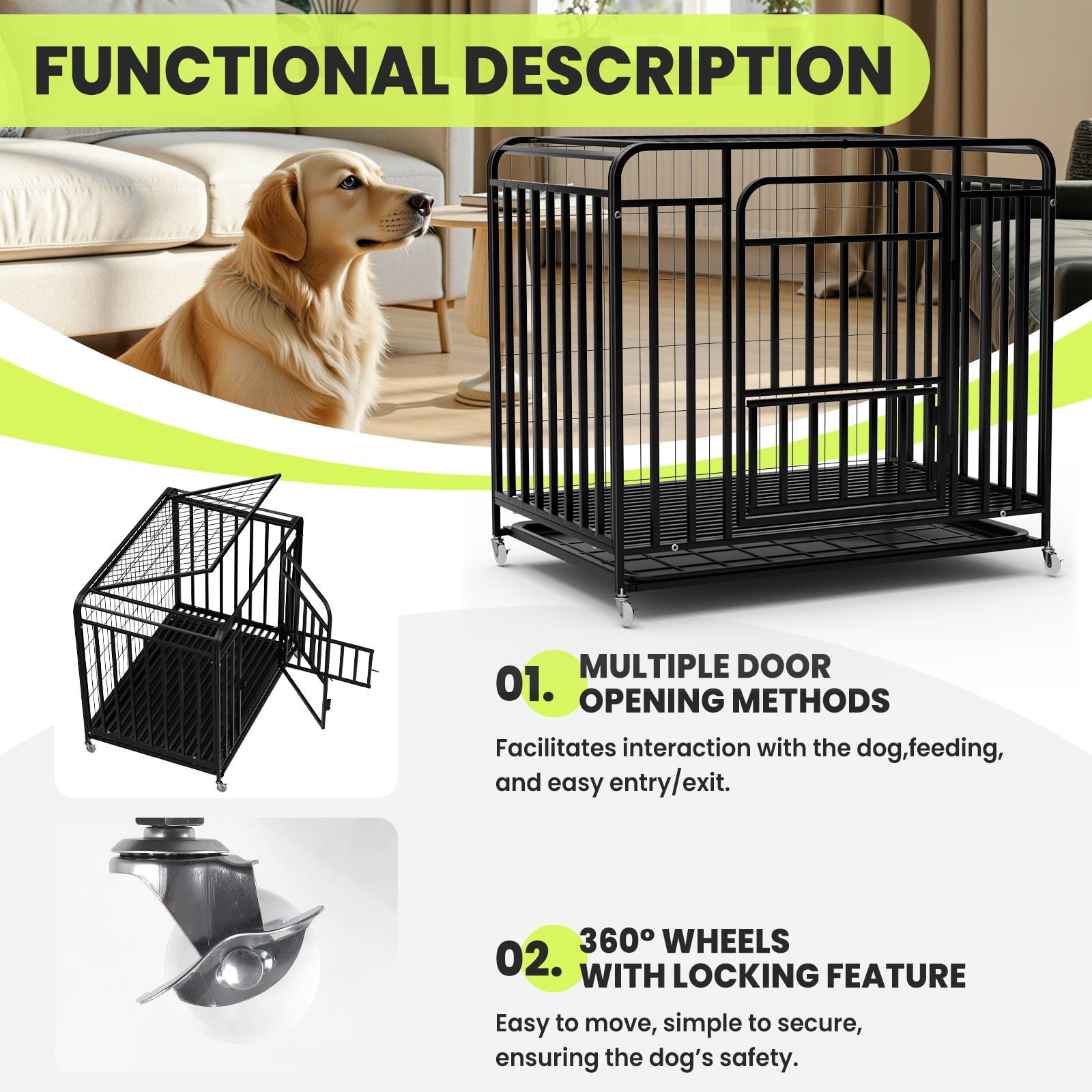 42in Heavy Duty Dog Crate for Large Dogs, Dog Kennel Indoor with Removable Tray and Lockable Wheels, Easy to Clean, XL Dog Cage for Large and Medium Dogs