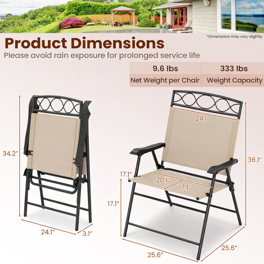 Hommoo 4-Pack Folding Patio Chairs with Armrests, Heavy-Duty Outdoor Dining Chairs, Ergonomic 105° Backrest, Beige