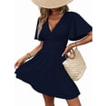 thumbnail image 3 of Women'S Ruched V Neck High Waist Casual Short Sleeve A-Line Dress Navy Blue XXL, 3 of 9