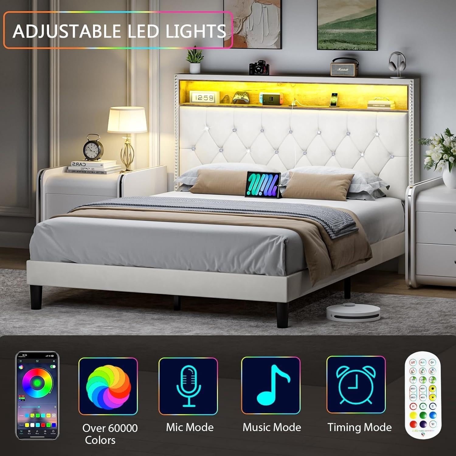 4 EVER WINNER King Size Bed Frame with Storage Headboard, Velvet Upholstered Bed Frame with LED Light, White King Bed Frame with Charge Station, White
