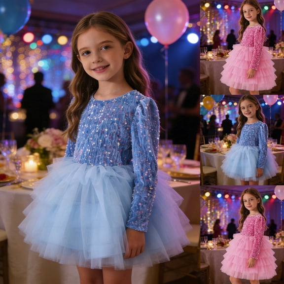 Girl Dresses Party Gown Birthday Pageant Long Sleeve Sequin Formal Dresses with Mesh Tutu Skirt Girls Dress Blue 3-4 Years