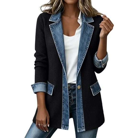 Kilaqueen Women's Denim Patchwork Blazer, Notched Lapel Long Sleeve One Button Jacket with Pockets, Contrast Casual Office Coat for Streetwear Outfits