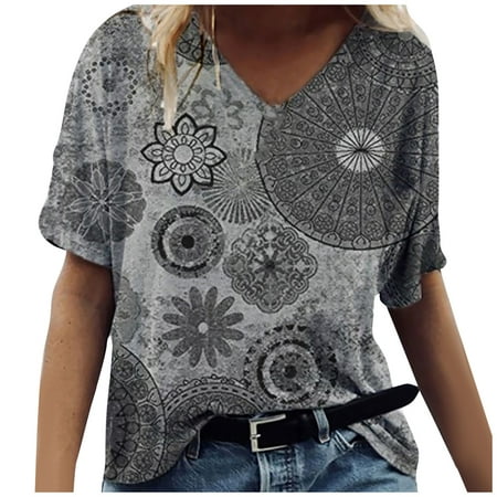 TBKOMH Summer Tops for Women 2022,Trendy Short Sleeve V Neck Boho Tops Casual Vintage Loose Fitting T-shirt Graphic Tees Tunic Mexican Shirts Peasant Blouses Plus Size(C Gray,X-Large)