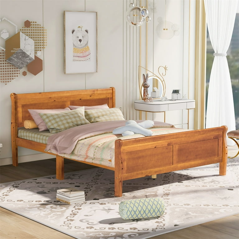 Queen Size Wood Platform Bed Frame with Headboard and Footboard Queen Wooden Bed Frame Wood Slats Support No Box Spring Needed Bedroom Furniture Oak