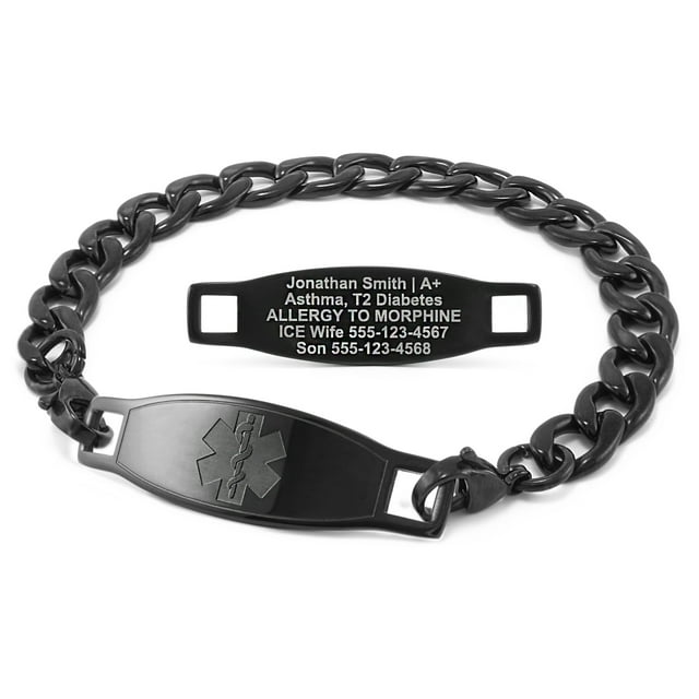 MedicEngraved Black Stainless Steel Custom Medical Alert Bracelet - 9mm Curb Link