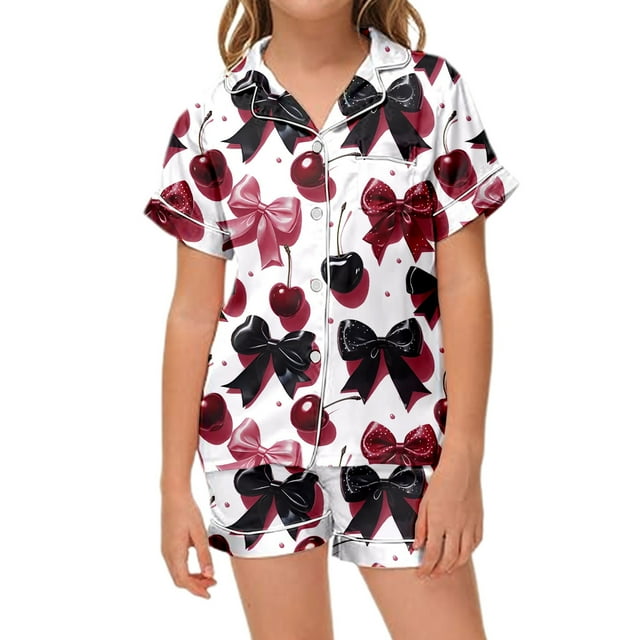 Ensemble de Pyjama pour Filles à Imprimé de Cerises et Nœud, Doux, Manches Courtes, Vêtement de Nuit Confortable, Col Rond, Tenue d'Intérieur pour Enfants et Tout-Petits de 2 à 13 Ans
